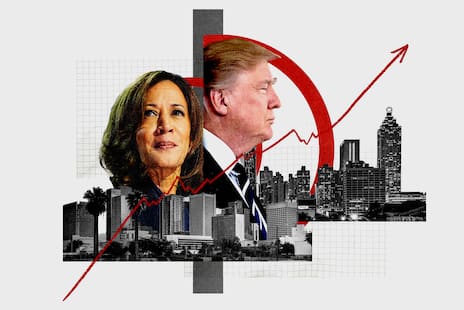 Vice President Kamala Harris, Former President Donald Trump, and city skylines.