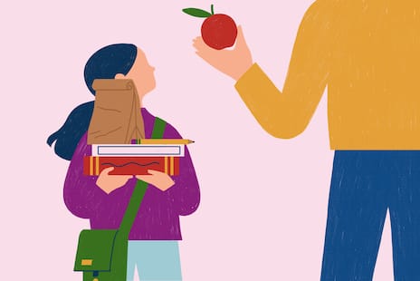 An illustration of a young girl holding a stack of books, looking up at an adult holding an apple.