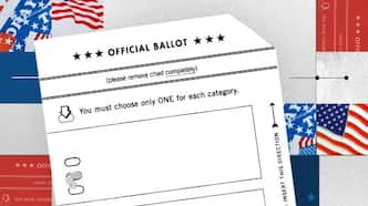 An image of a voting ballot sits atop a red, white and blue background.